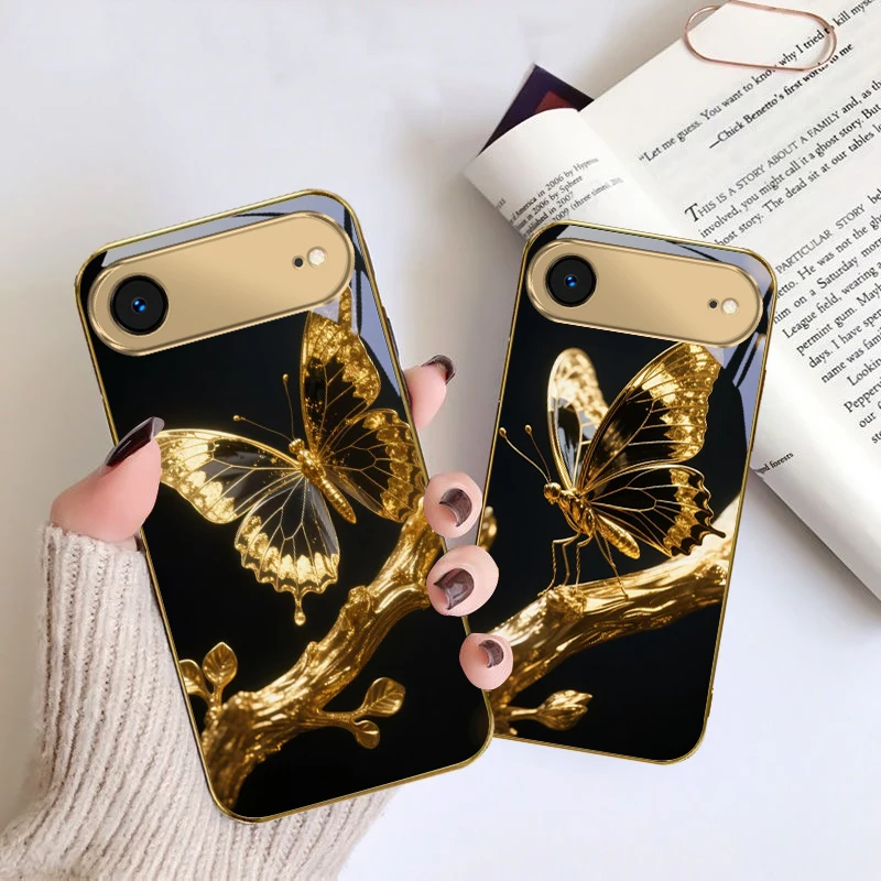 

Butterfly on the Branch For IPhone 17Pro Max 16 17 Pro 15 Pro 14 13 Plus 12 Mini 11Pro Max XR 16E 17 Air Golden glass phone case