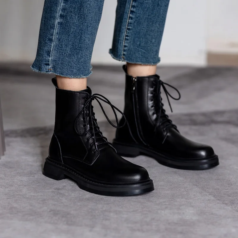 Women Genuine Leather Ankle Boots SmallHut Autumn Winter Black Lace Up Short Boots Punk Ladies Zipper Round Toe Platform Shoes