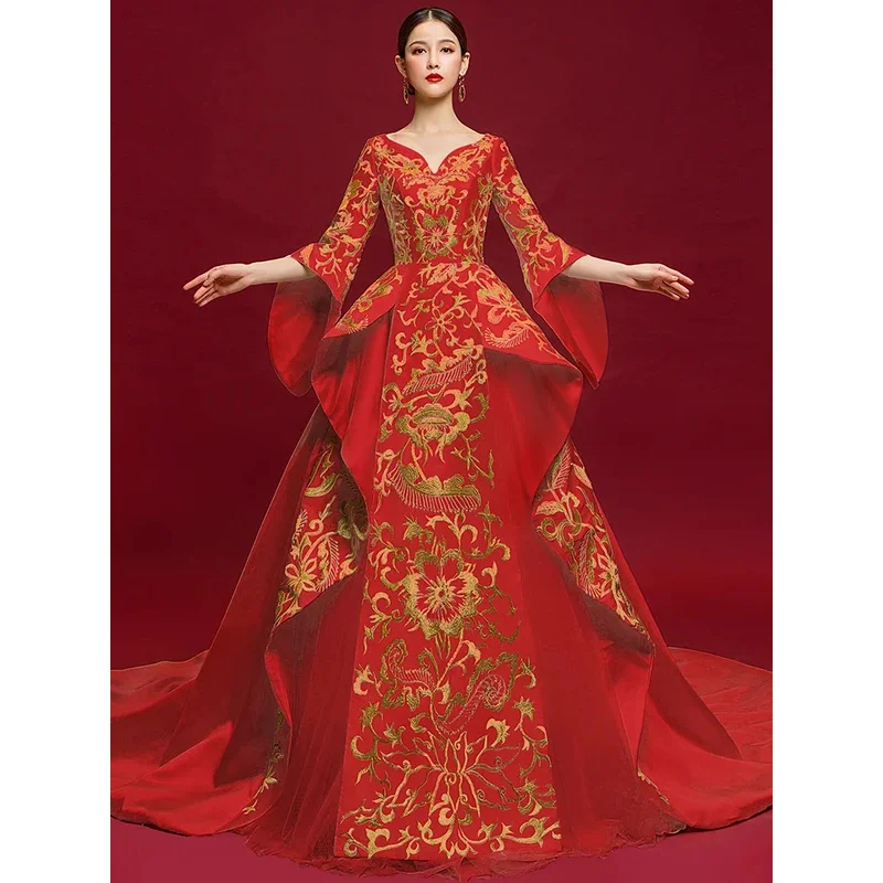 

DY20Chinese Style Adult Qipao Fashion Show, High-end Performance Costume, Red Trailing Host Evening Gown, Feminine Temperament H