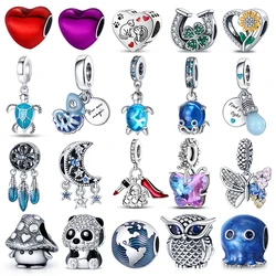 Abalorios de plata 925 originales para pulseras, abalorios de búho de circón azul, tortuga marina luminosa, regalo de joyería de cumpleaños artesanal, moda 925