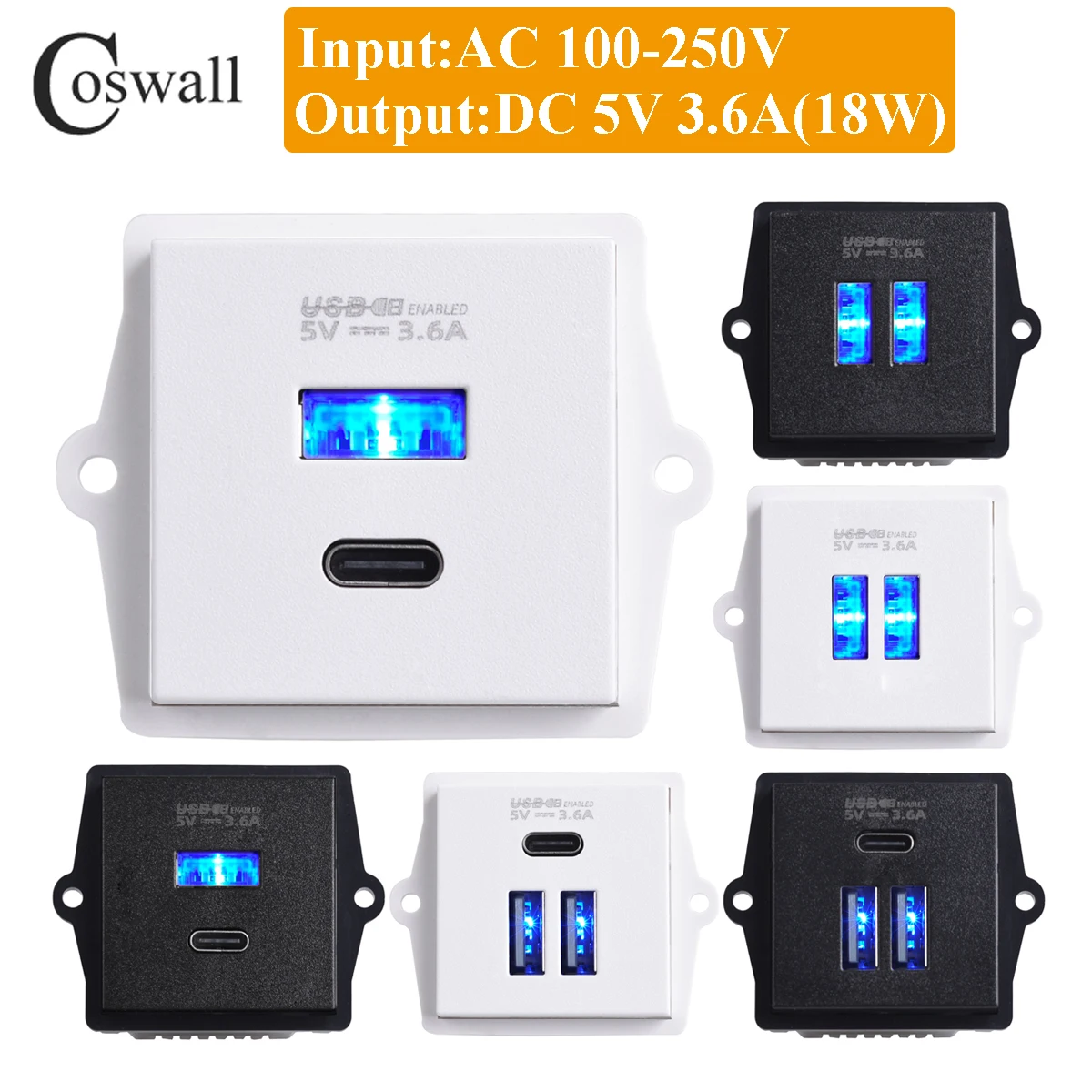 Type-A&Type-C 2 or 3 USB 18W Fast Stable Charger With 2 Hole Holder Easy Installation Blue Light-emitting Pillar