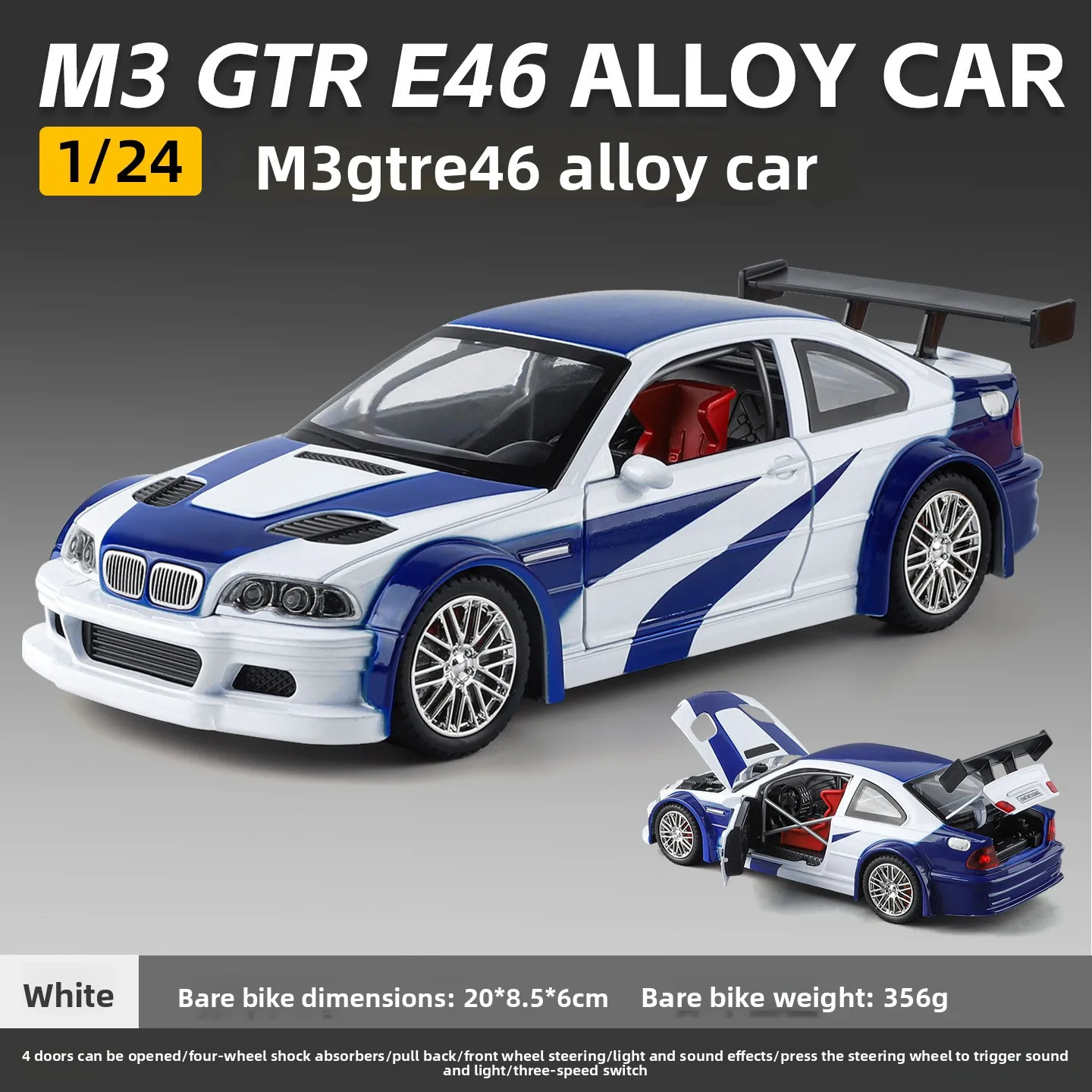 1:24 M3 GTR E46 Legering Diecast Racewagenmodel, Speelgoed voor kinderen, verzamelobject voor volwassenen, Ideaal verjaardagscadeau