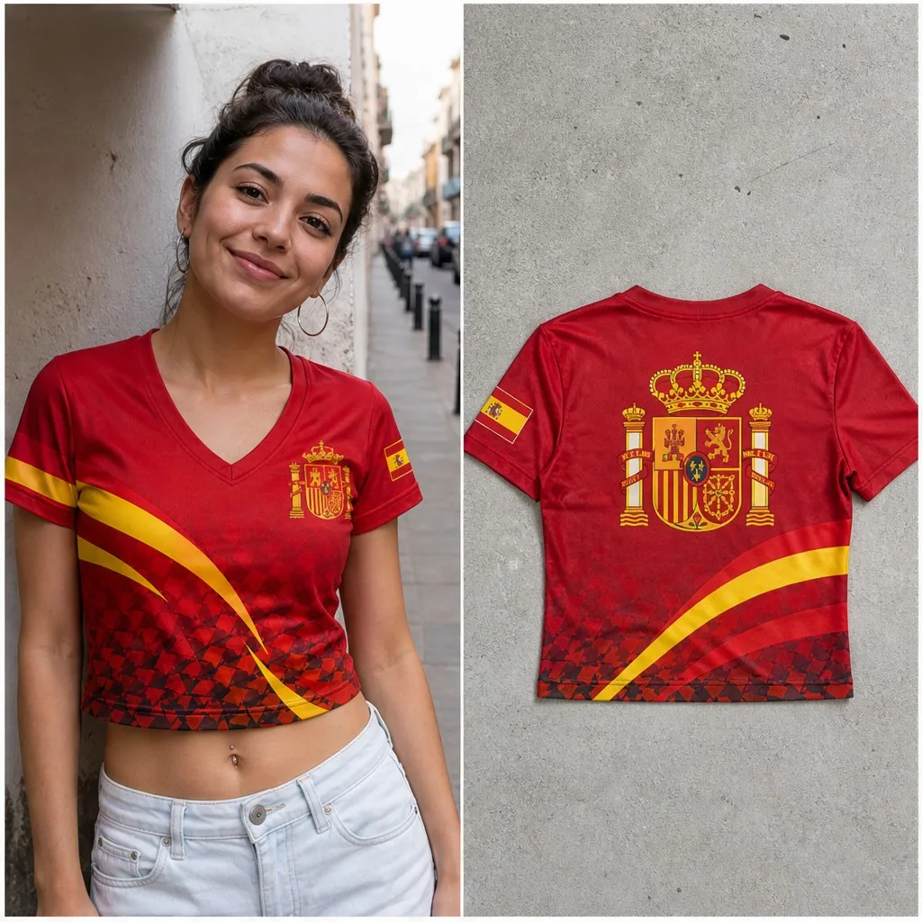 Womens V Neck Cropped Tee Spain Curved Stripe Crest Graphic Short Sleeve Summer Casual Top With Regal Back Design Relaxed Outfit