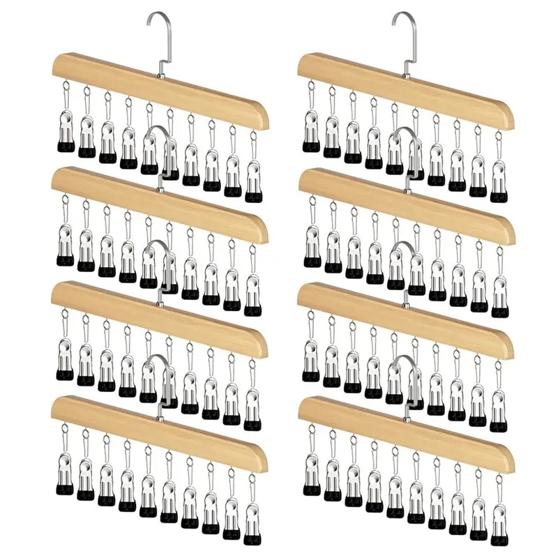 AT63-Space-Saving Closet Organizer 8PCS-10 Clips-Hanging Storage For Wardrobe, Wooden Hangers-Multi-Purpose Wood
