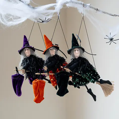 Halloween Witch Ornament Dolls Halloween Background Wall Party Decoration Hanging Pendants  Sequin Dress Witch Broom Figurines