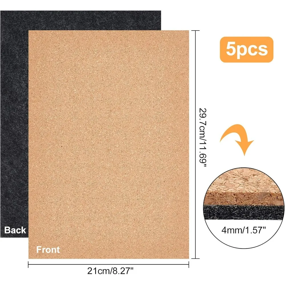 5pcs 2 Sided Cork Felt Sheet 8.2x11.7inch Non-Slip Felt Fabric Sheet for Drink Coaster DIY Craft Project Wall Making Kit