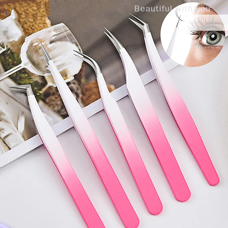 Eyelash Tweezers Extension Gradient Rose Red Stainless Steel Superhard Tweezers With Fiber Tips High Precision Ant-Static Tweez