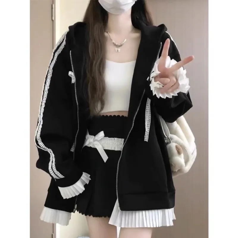 Fashion Fairy All Match Japan Casual Fake Two Piece Cardigan Pleated Patchwotk Lace Constrast Color Clothes Korean Y2k Hoodies