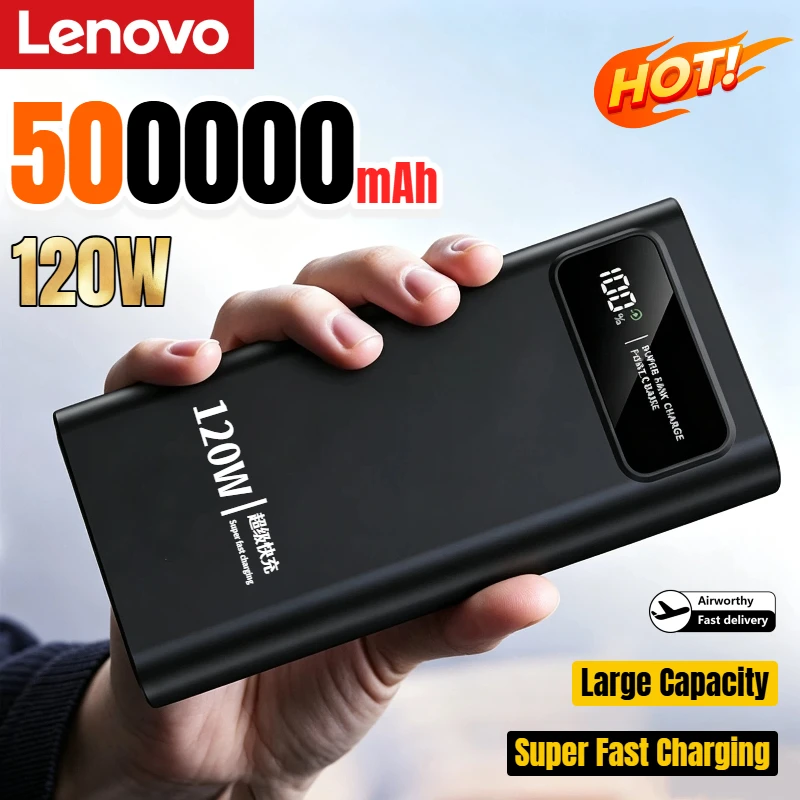 Lenovo 500000mAh Power Bank 120W Super Fast Charging High Capacity Digital Display Powerbank Battery For iPhone Samsung Huawei