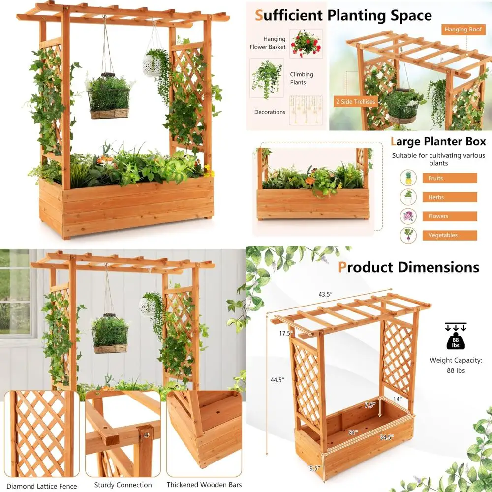 

Raised Garden Bed with Arch Trellis, Wooden Planter Box, Hanging Roof, Side Trellis, Drainage Holes, Above Ground Elevated Garde