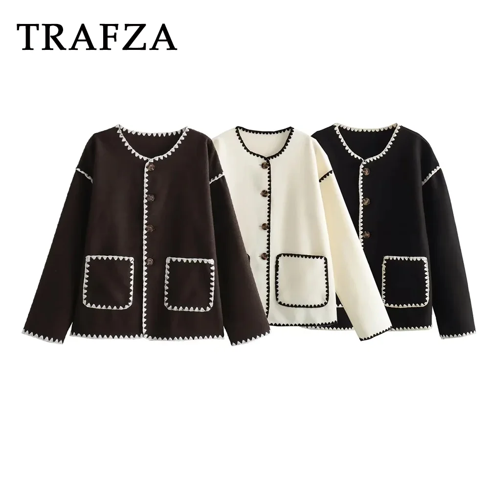 TRAFZA 2023 Autumn Casual Women Coats O Neck Straight Single Breasted Oversized Jackets Winter Patchwork Elegant Female Outwears