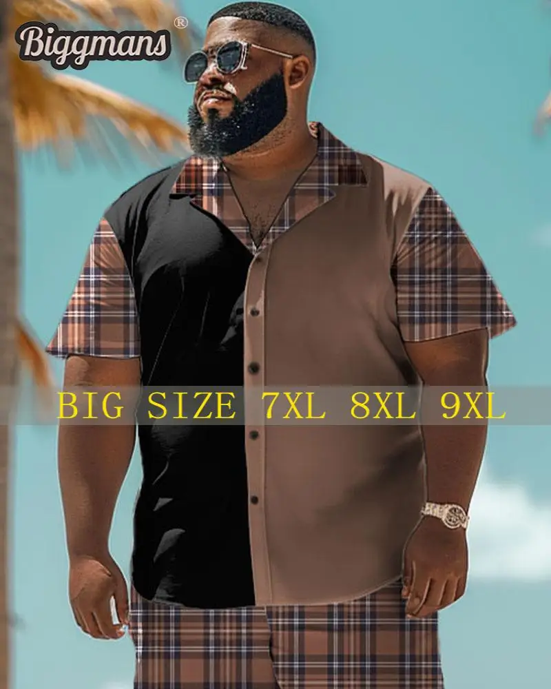 

Biggmans Shirt Plus Size L-9Xl for Summer Beach Men's Oversize Independence Day Flag Gesture Print Short Sleeve Shirt