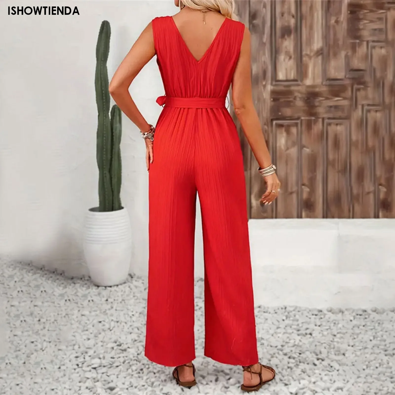 Summer Women's Jumpsuits Fashion Trend Ruffled Sleeveless V-neck Belt Wide Leg Straight Rompers Daily Casual Vacation Jumpsuits