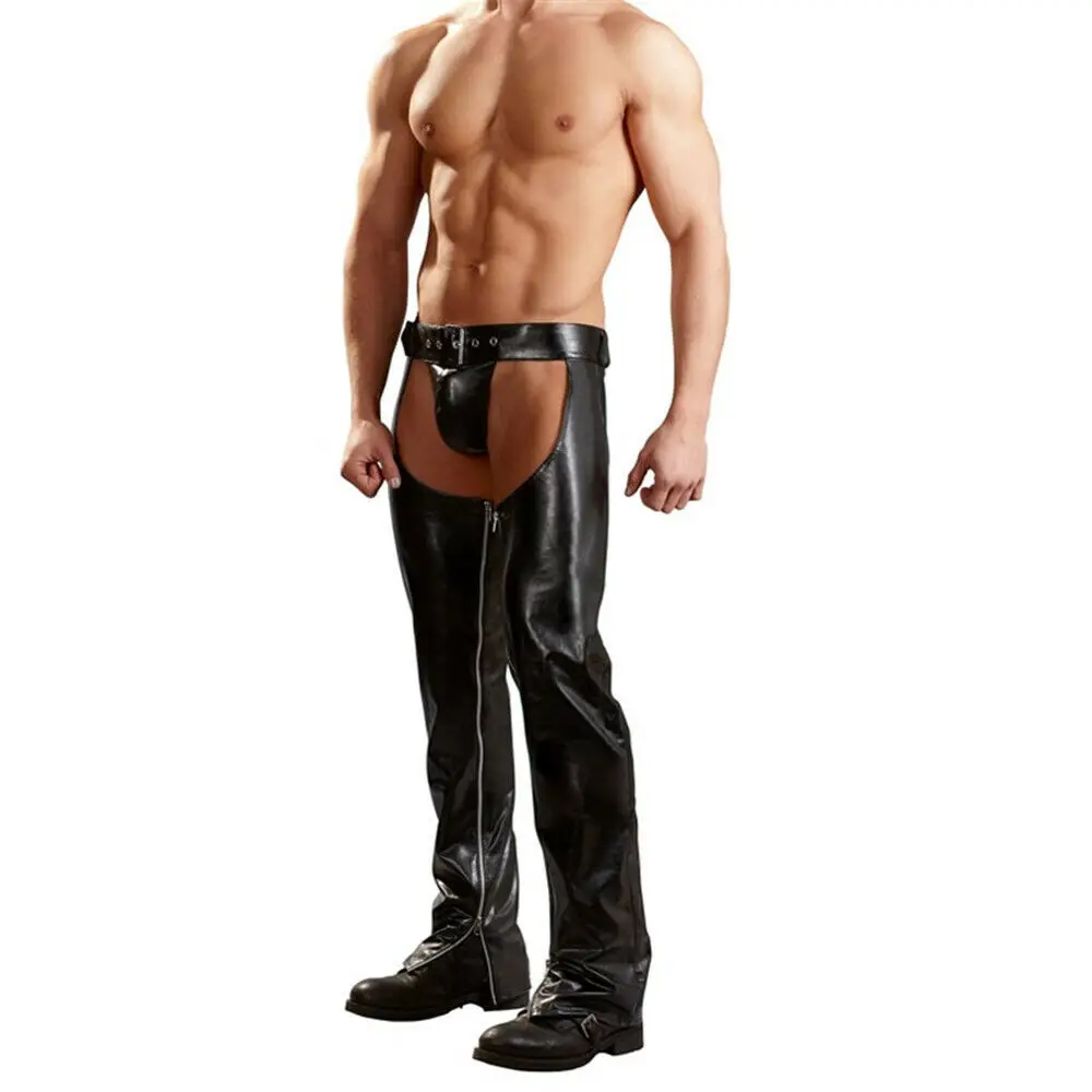 

YUFEIDA Men's Cowboy Fetish Pants Open Butt Leather Pant Sexy Crotchless Chap Men Moto Pant Cool Outfit Stripper Pole Dance Wear