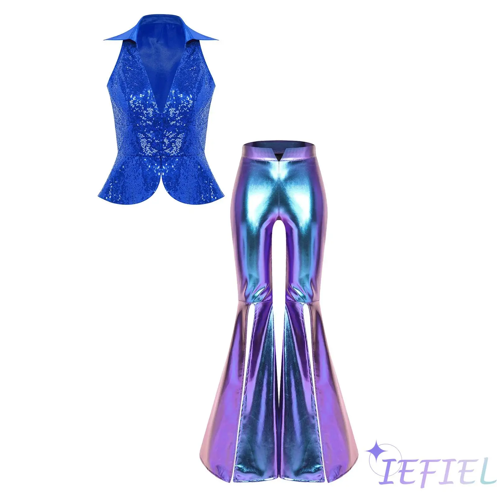 女性ディスコヒップホップダンス服セットノースリーブラペルスパンコールベストトップとハイウエストスプリットベルボトムフレアパンツクラブウェア