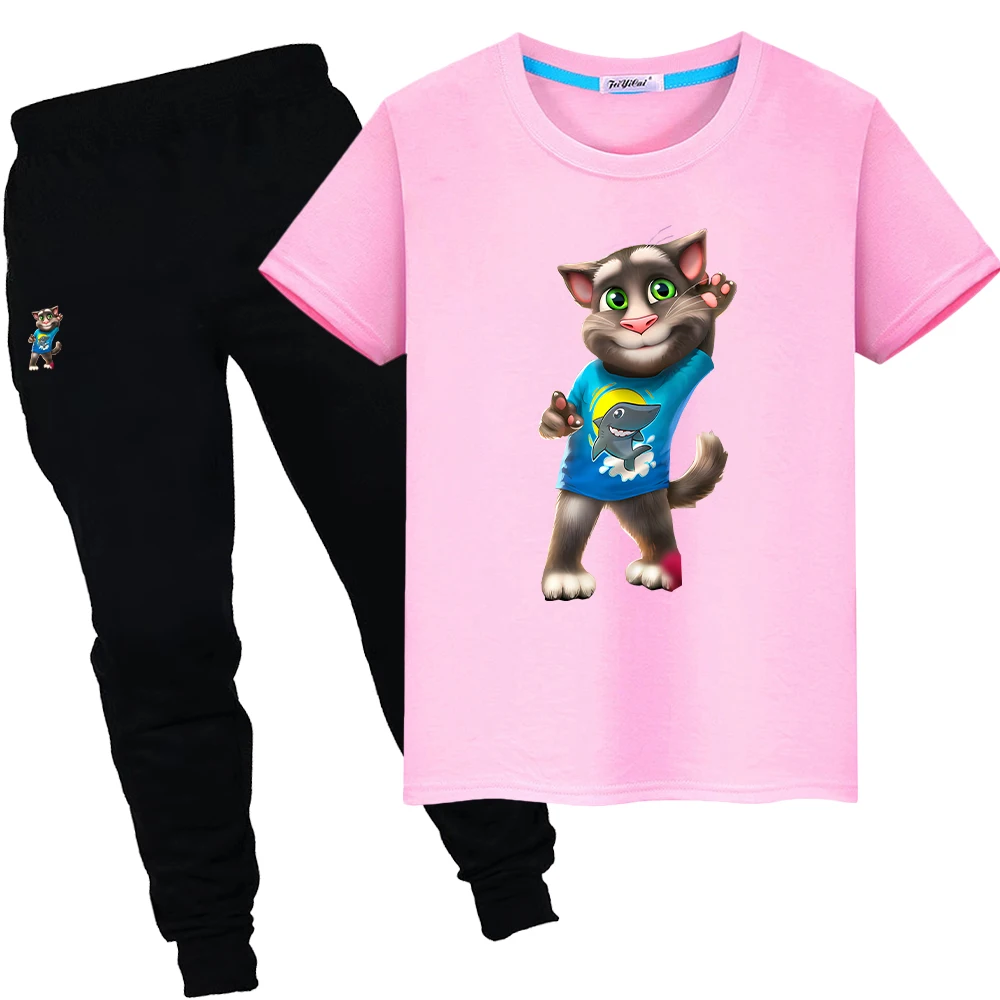 

Милая футболка из 100% хлопка с принтом Talking Tom Cat, летние футболки с аниме, спортивные комплекты из 2 предметов, короткие + штаны, одежда для мальчиков и девочек, детские праздничные подарки
