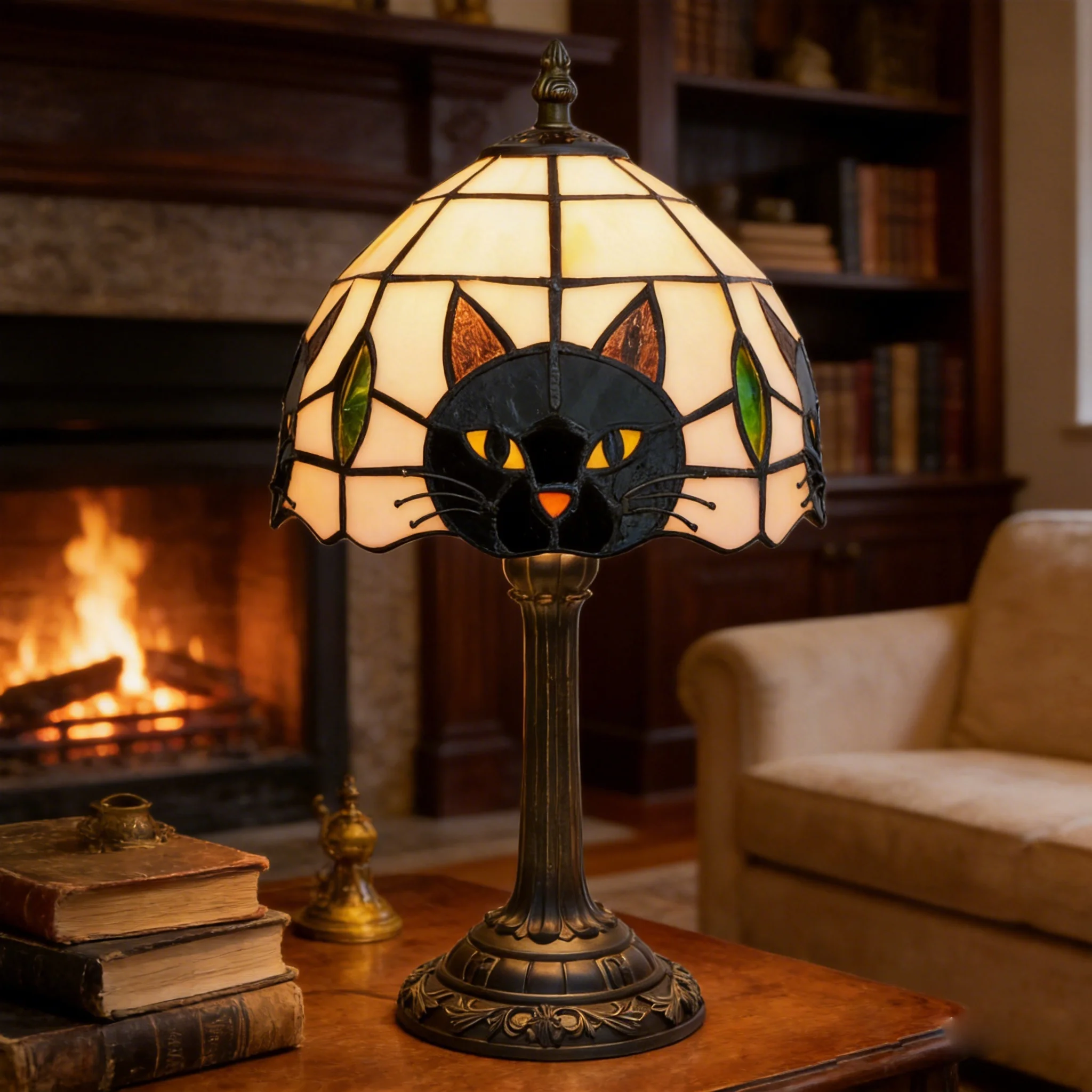 Halloween Tiffany Style Cute Black Cat Stained Glass Table Lamp Bedroom Bedside Living Room Decoration Desk Lamp Christmas Gift