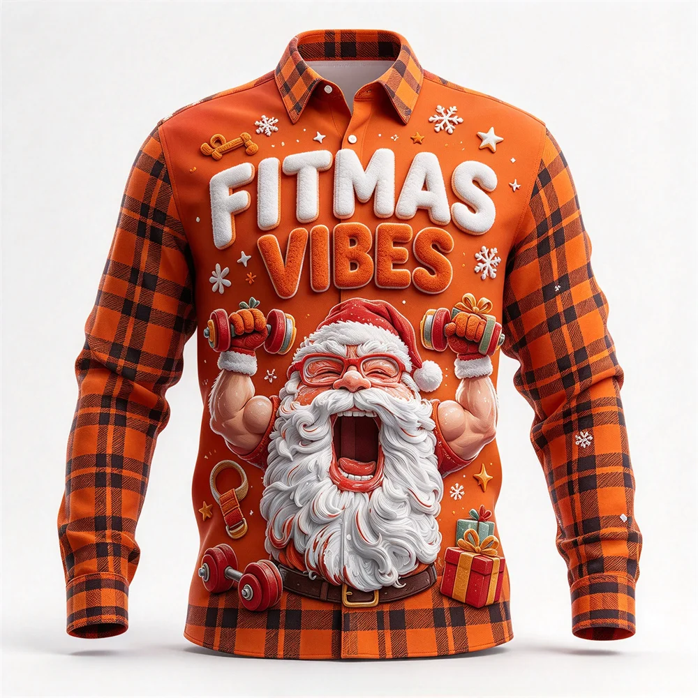 Men's Long Sleeve Ugly Christmas Shirt Tops Vintage Plaid Funny Santa Slogan Print Button Up Shirt Holiday Christmas Party Gifts
