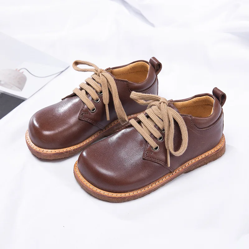 New Children Leather Shoes Boys Handmade Breathable Cowhid Lace Up Retro Derby Shoes Girls Casual Moccasins Baby Toddler Flats