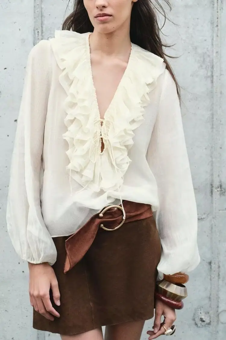 

2024 Fall French Style Blouse Women Long Sleeve Loose Shirt Flounce Detail Casual Chic Office Wear Instagram Fashion Outfit