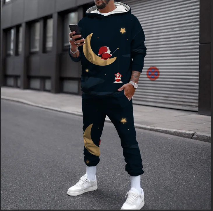 Merry Christmas Hoodie Suit New Autumn 3D Printing Sportswear 2Pcs Set Men Oversize Pullover Men\'s Fashion Kids Casual Suits