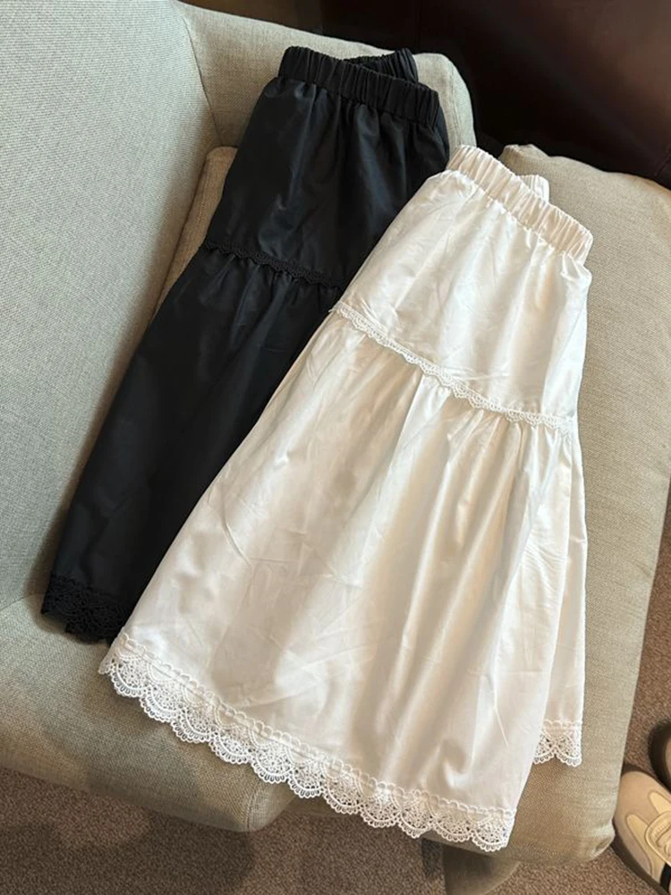 Sweet White Midi Skirts Women Fashion Preppy Style Lace Patchwork Cute Skirt Summer Chic Female High Waist Loose A Line Skirt