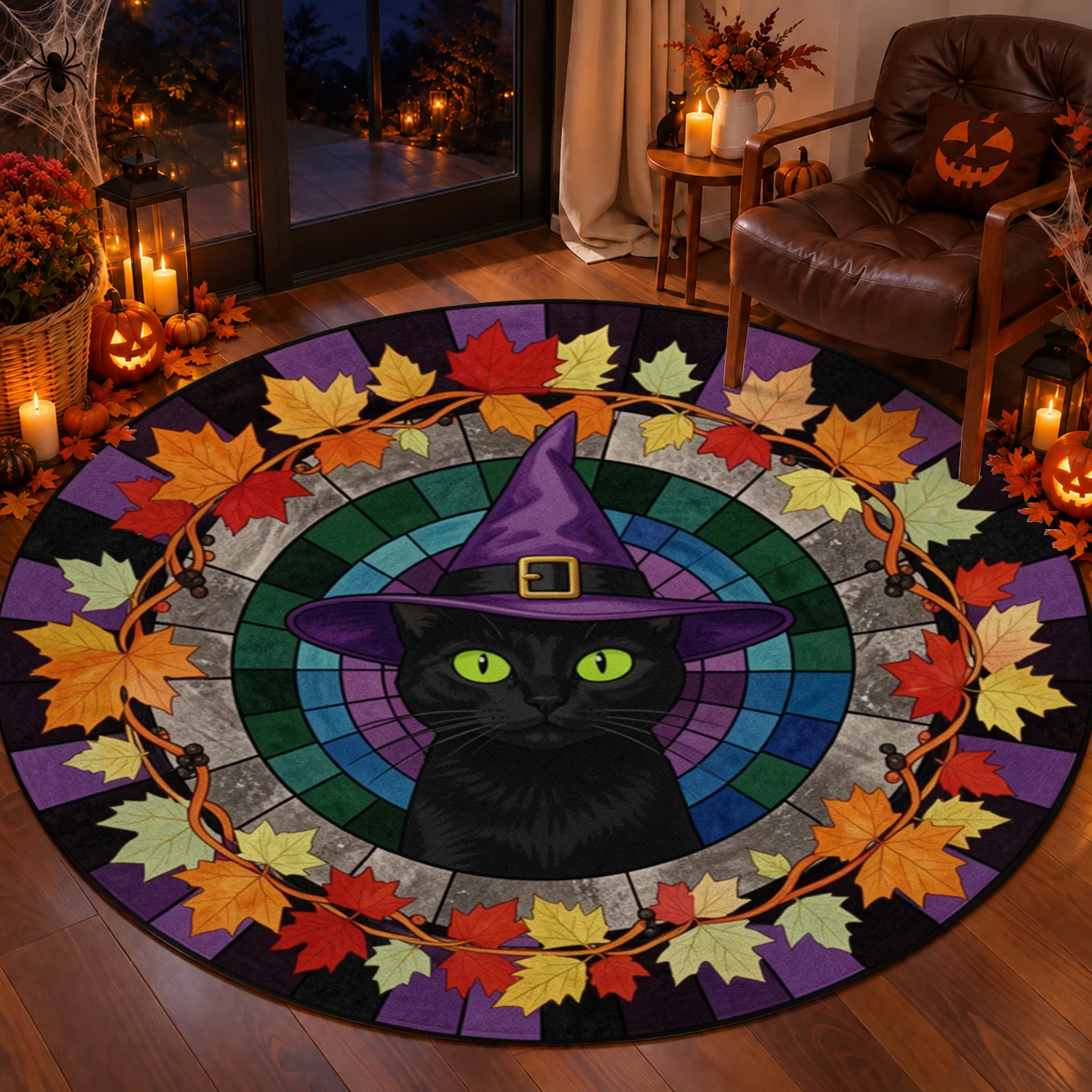 Stained Glass Black Cat Witch Hat Maple Leaves Round Velvet Rug Machine Washable Perfect for Living Room Bedroom Entryway Halloween Thanksgiving Christmas New Year Black Friday Cyber Monday