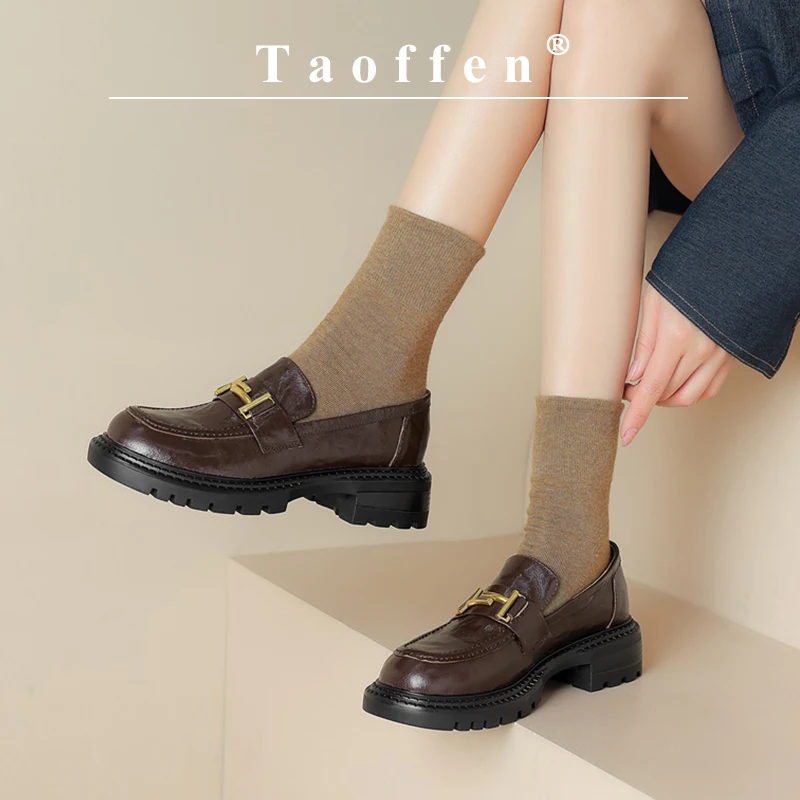 Taoffen Casual Loafers For Women Genuine Leather Square Heel Metal Decoration Pumps Mature Round Toe Slip-On Office Lady Shoes