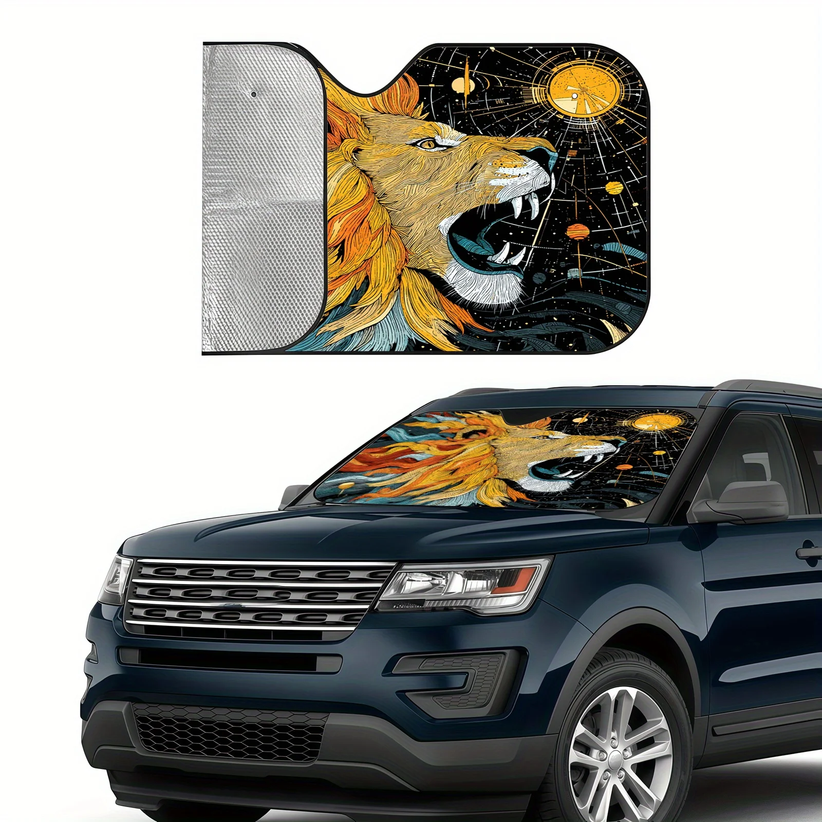 Cosmic Maned Lion Hand-Painted Car Sunshade, Sci-Fi Scene Design, Heat Insulation And Sun Protection, Stabilizes Vehicle Tempera