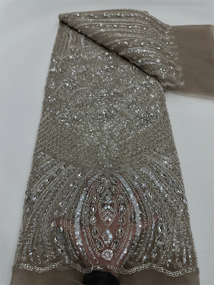 Beautiful Fashion African Nigerian Beaded Embroidery Lace 2025 High-End French Sequins Lace Fabric For Wedding Party Dress Sewin