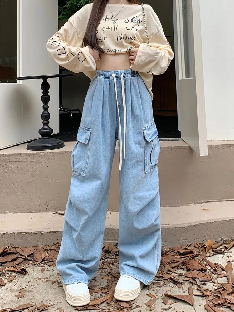 2023 Korean Y2K Fashion Drawstring Baggy New Jeans Kpop Cargo Pants For Women Clothes Straight Casual Loose Dress Lady Trousers