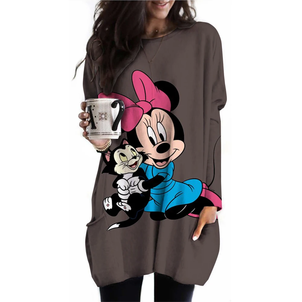 New Large Women's Long Sleeve Pocket Round Neck Waist Top T-shirt Disney Mickey Mouse Loose Casual Fashion Loose Women's Shirt