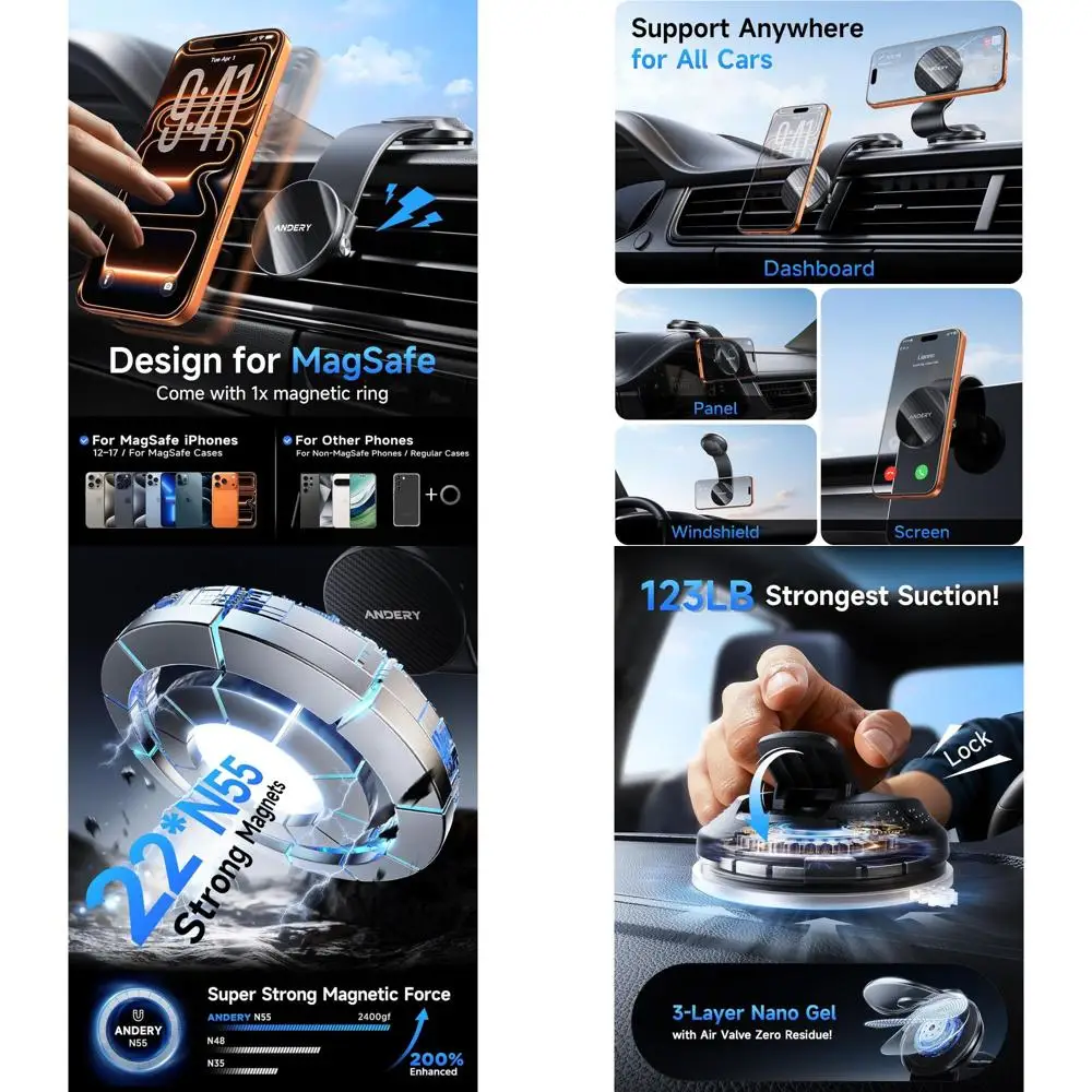 

360° Rotatable Memory Alloy Car Phone Holder with 2400g Magnetic Strength for iPhone 17-12 Pro Max Plus and All Smartphones