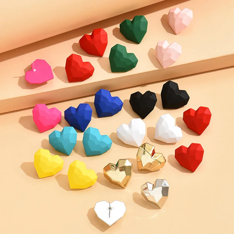 1Pair Vintage Cute Candy-colored Geometric Heart Earrings Faceted Heart Post Earrings For Women Fashion Jewelry Gift Accessories