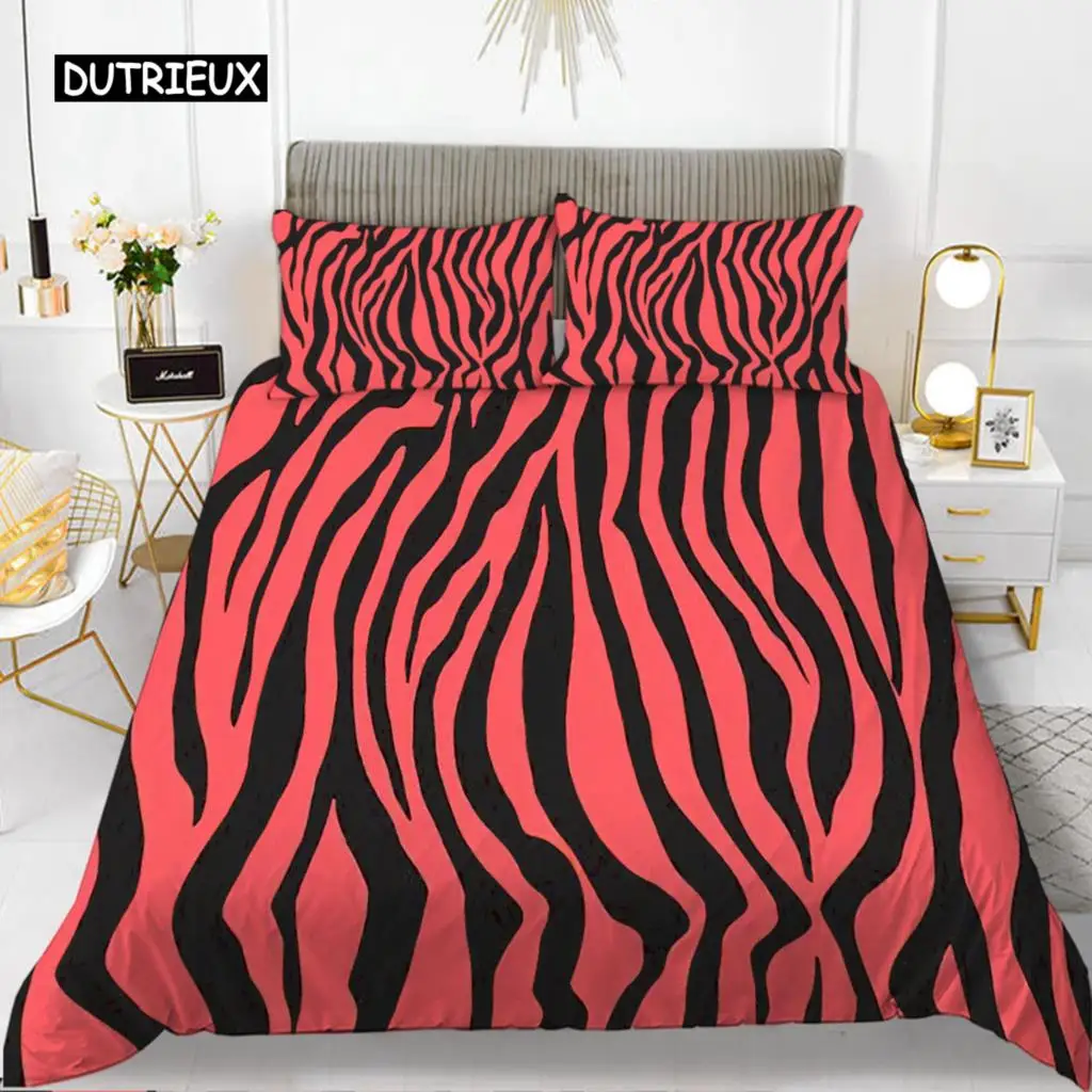 Zebra Print Duvet Cover Set King Polyester Red Black Stripes Bedding Set Wild Animal Zebra Wildlife Skin Quilt Cover for Girls