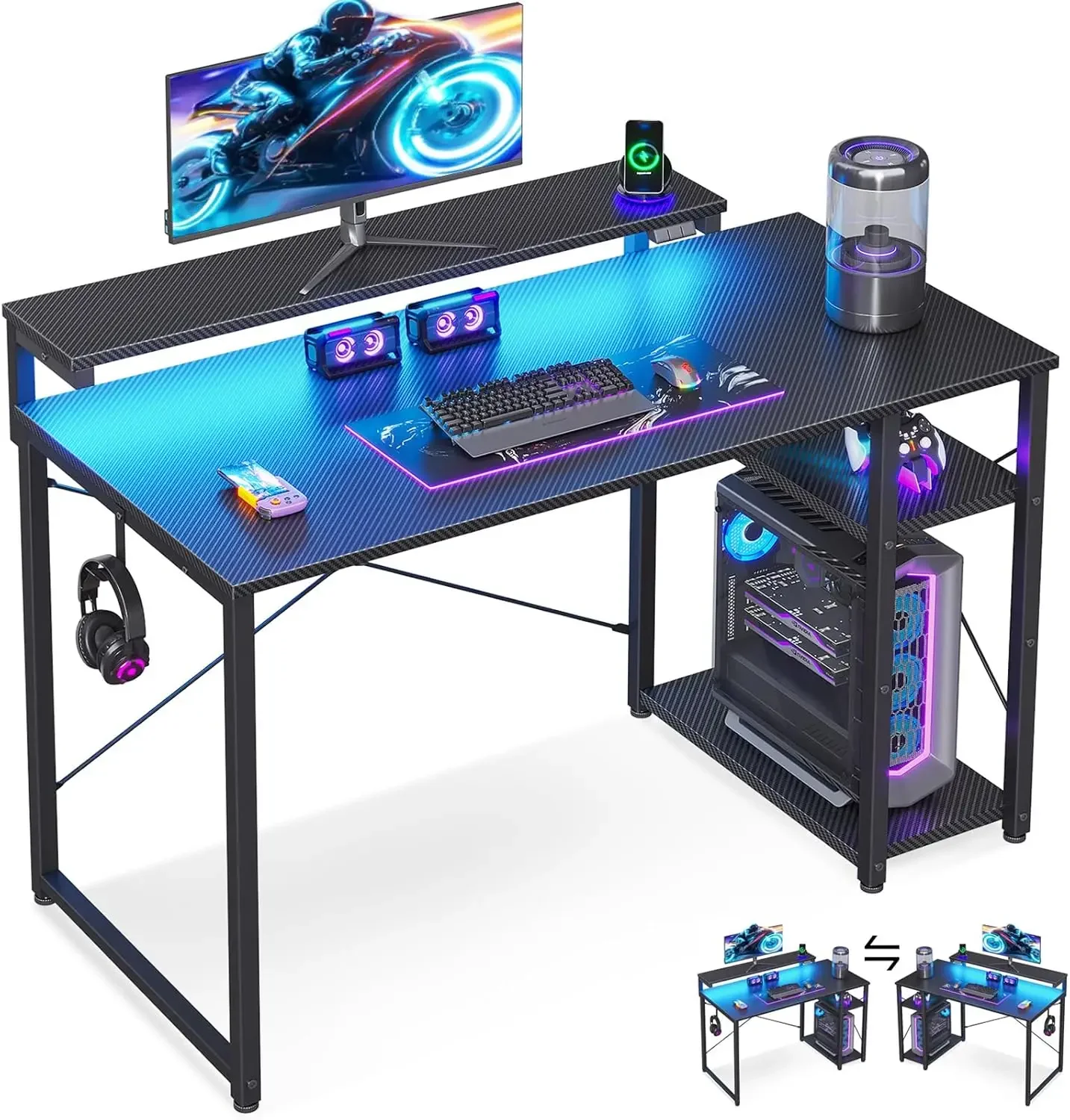 

40 Inch Small Gaming Desk with Storage & Led Lights, Computer Desk with Shelf, Reversible Gamer Desk with Adjustable Monitor Sta