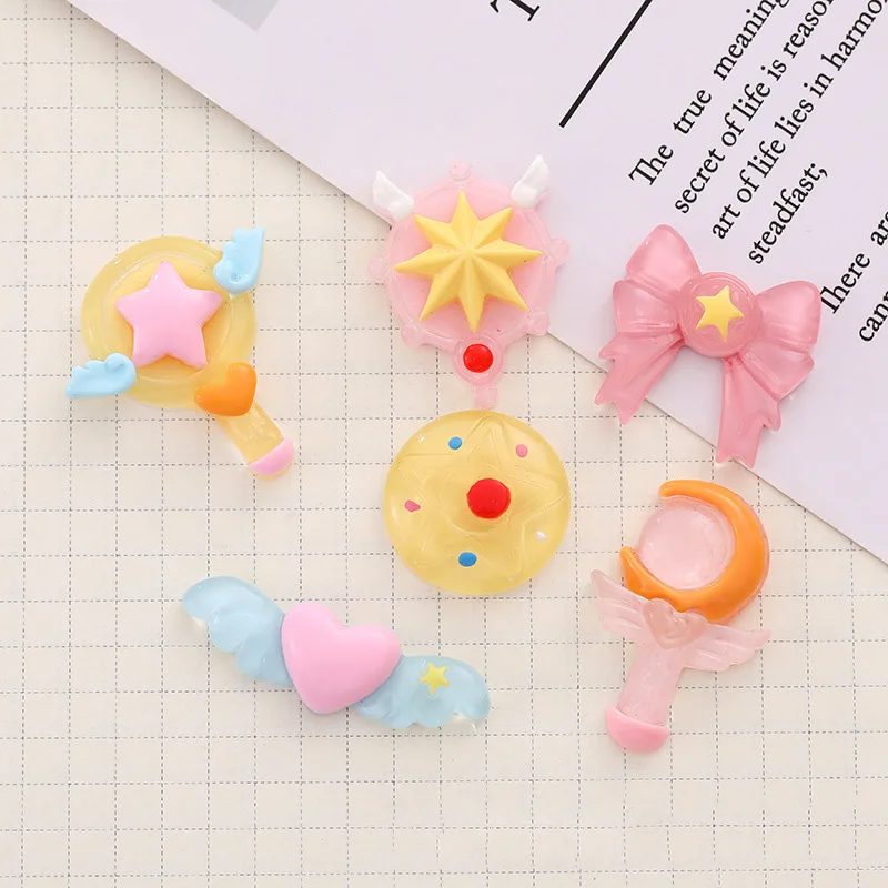 10Pcs Japanese Cartoon Magic Wand Shield Bowknot Flatback Resin Cabochon Scrapbooking Phone Decoration Accessories Home Decor