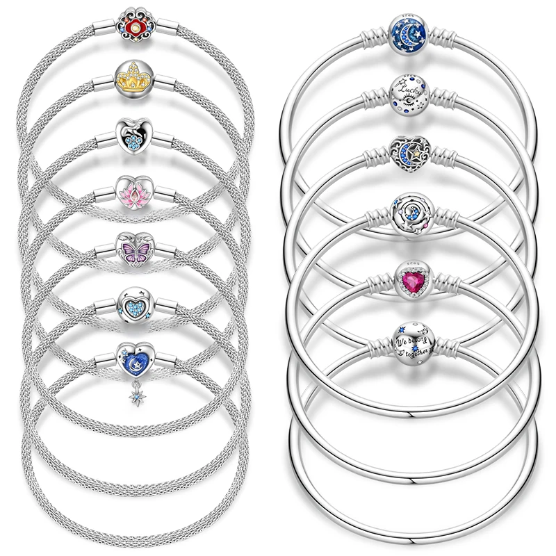 

Charms Bracelets Woman Silver 925 Jewelry For Women Luxury DIY Original Hard Frame Bangle Braided Bracelet Party Festival Gifts