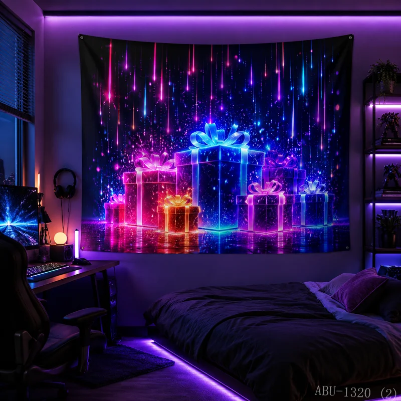 VIKAMA Neon Purple Blue Gift Stack Meteor Rain Water Reflection Starry Present Christmas Tapestry Bedroom Living Room Dorm Home