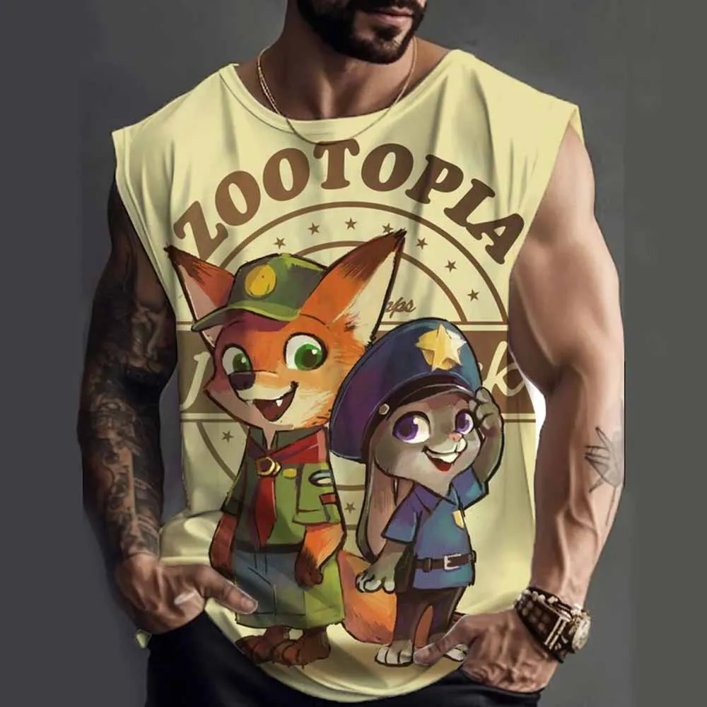

Disney Zootopia Nick Fox с принтом, летняя мужская модная жилетка для спортзала, одежда для фитнеса и тренировок, быстросохнущая свободная рубашка без рукавов