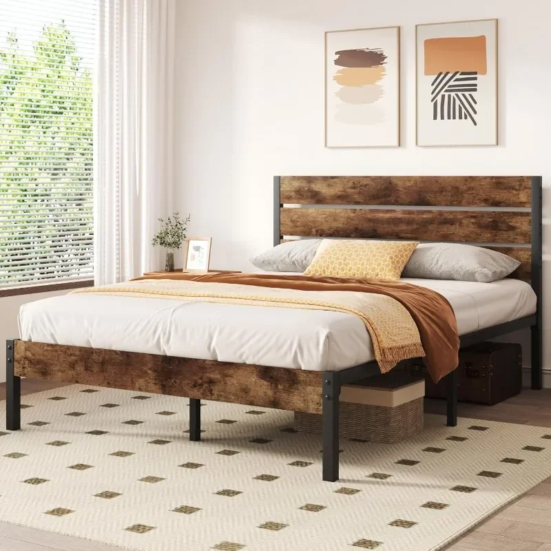 

Queen Bed Frame with Wooden Headboard and Footboard,Mattress Foundation, No Box Spring Needed, Noise Free, Under Bed Storage