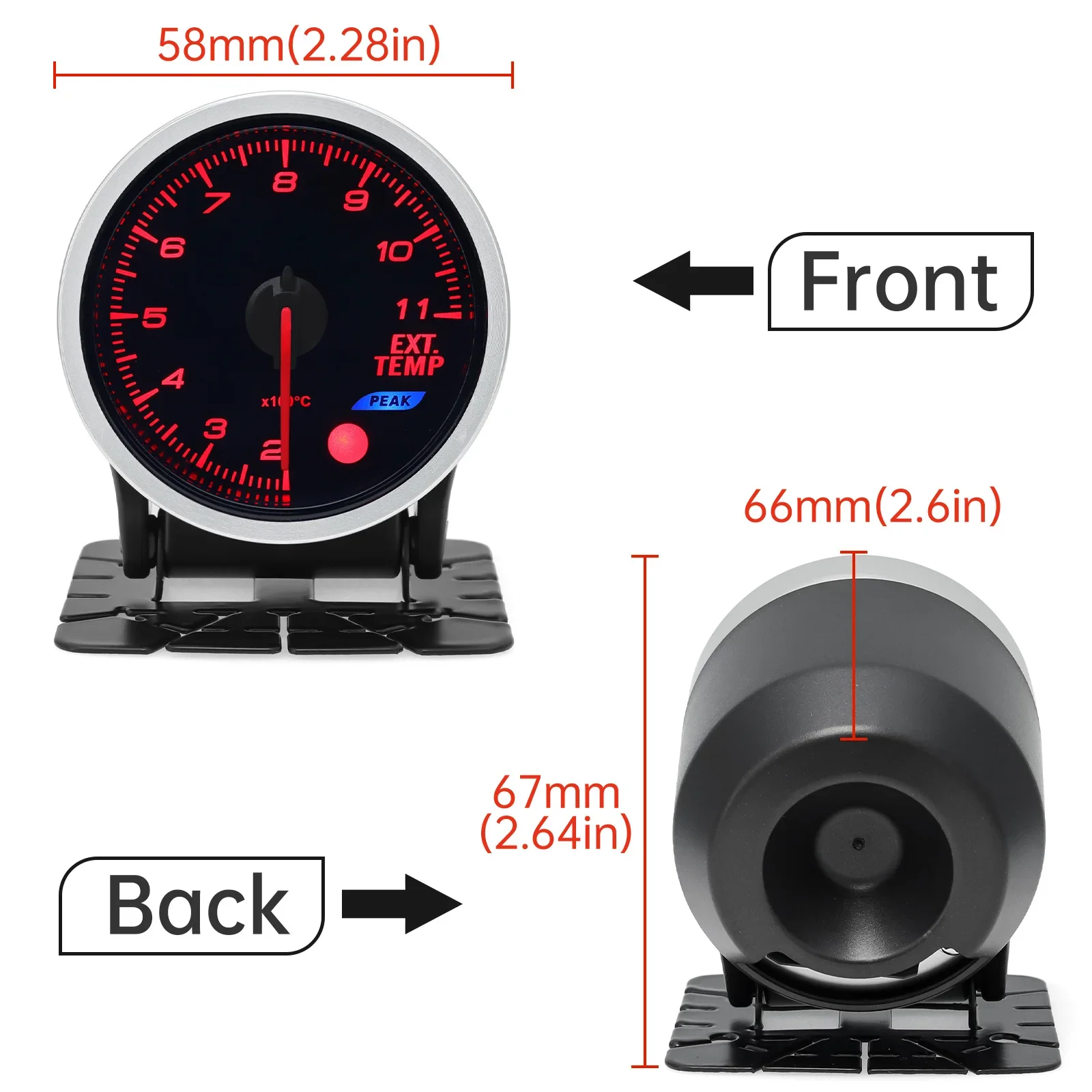 52MM Exhaust Temperature Gauge With Sensor 7 Color Backlight Smoke Lens 200-1100 Celsius EXT Temp Meter Fit 12V Gasoline Vehicle