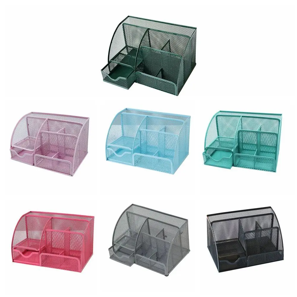 

Creative Multi Grid Pen Holder Multi-functional Metal Mesh Desk Organizer 6 Compartments 1 Drawer Sundries Storage Box Home