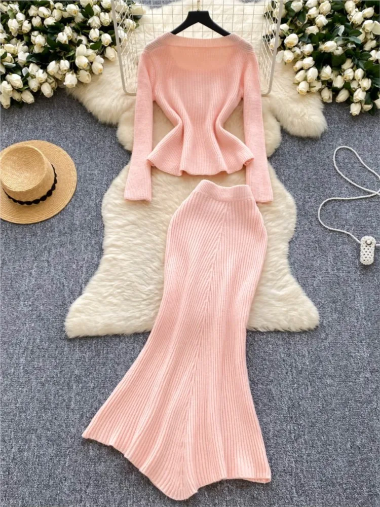 Fashion Women Casual Knitted Skirts Suit Elegant Solid Square Collar Tops Midi Mermaid Skirt Two Pieces Set Female New Outfits