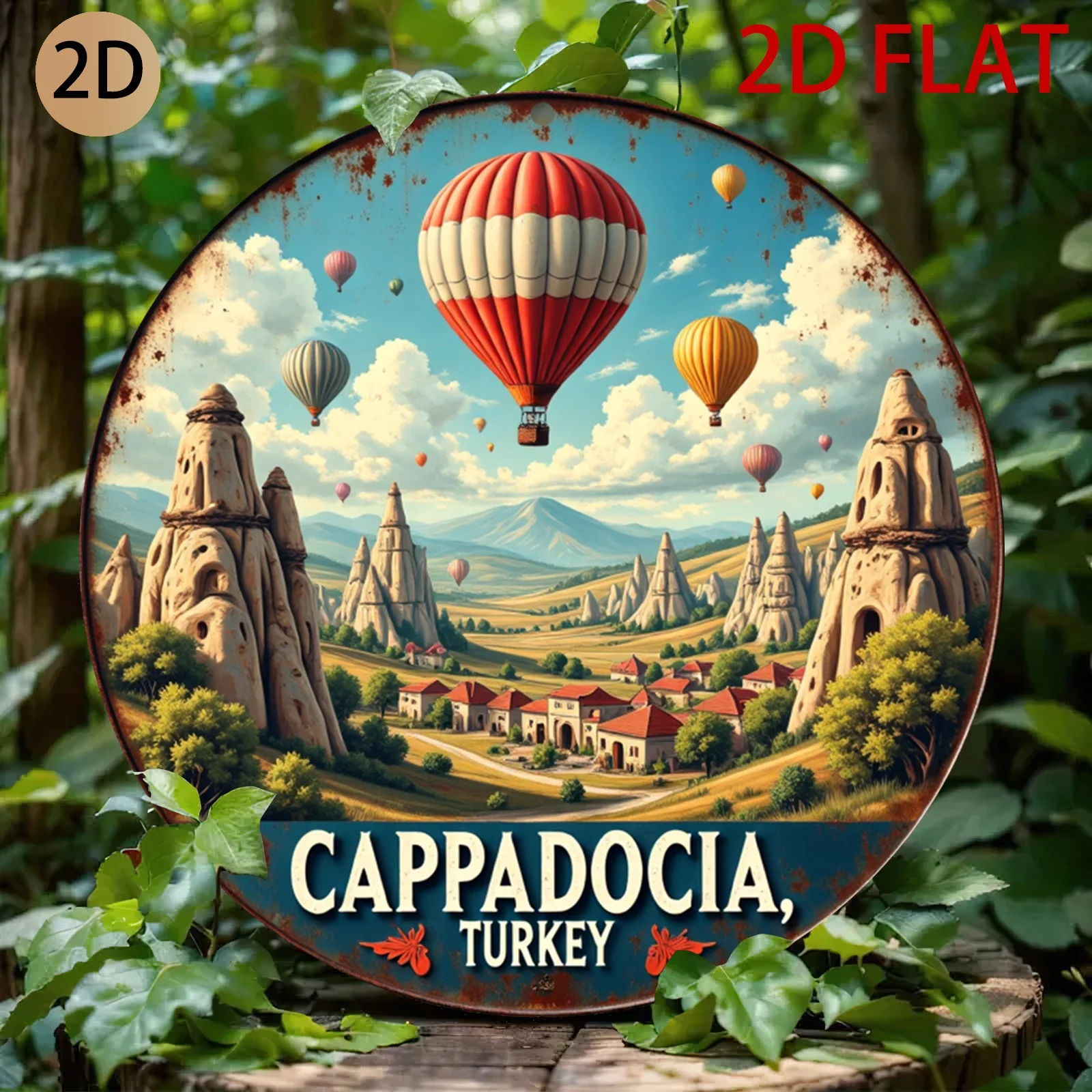HD-Blechschild, Kappadokien Türkei Heißluftballon, runde Metall-Wandkunst, Vintage-Reisedekoration für Zuhause und Büro