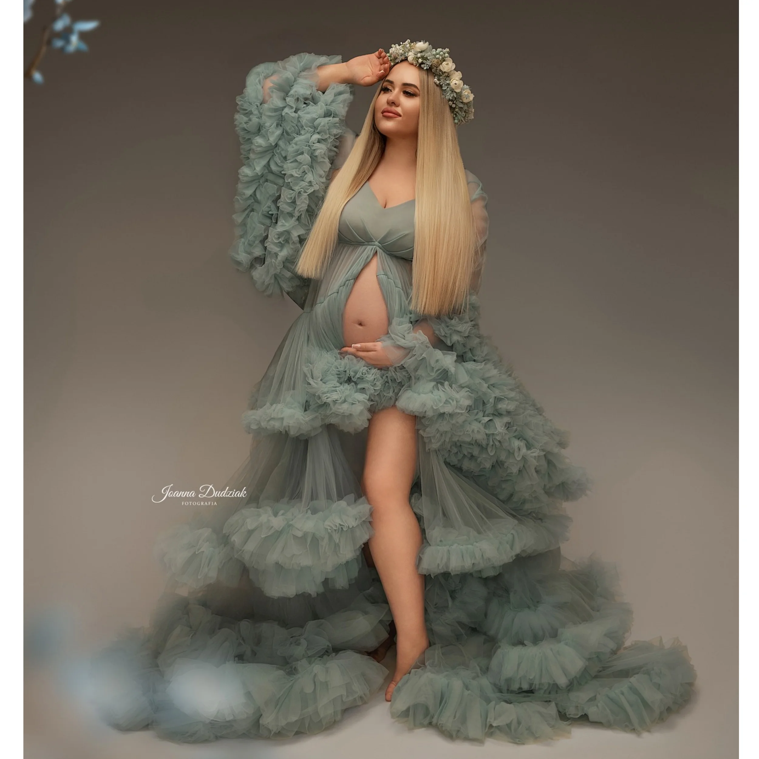 

Классические тюлевые платья для беременных A Line V-образным вырезом Женские халаты для выпускного вечера с длинными рукавами Индивидуальные прозрачные многоярусные платья с рюшами для детского душа