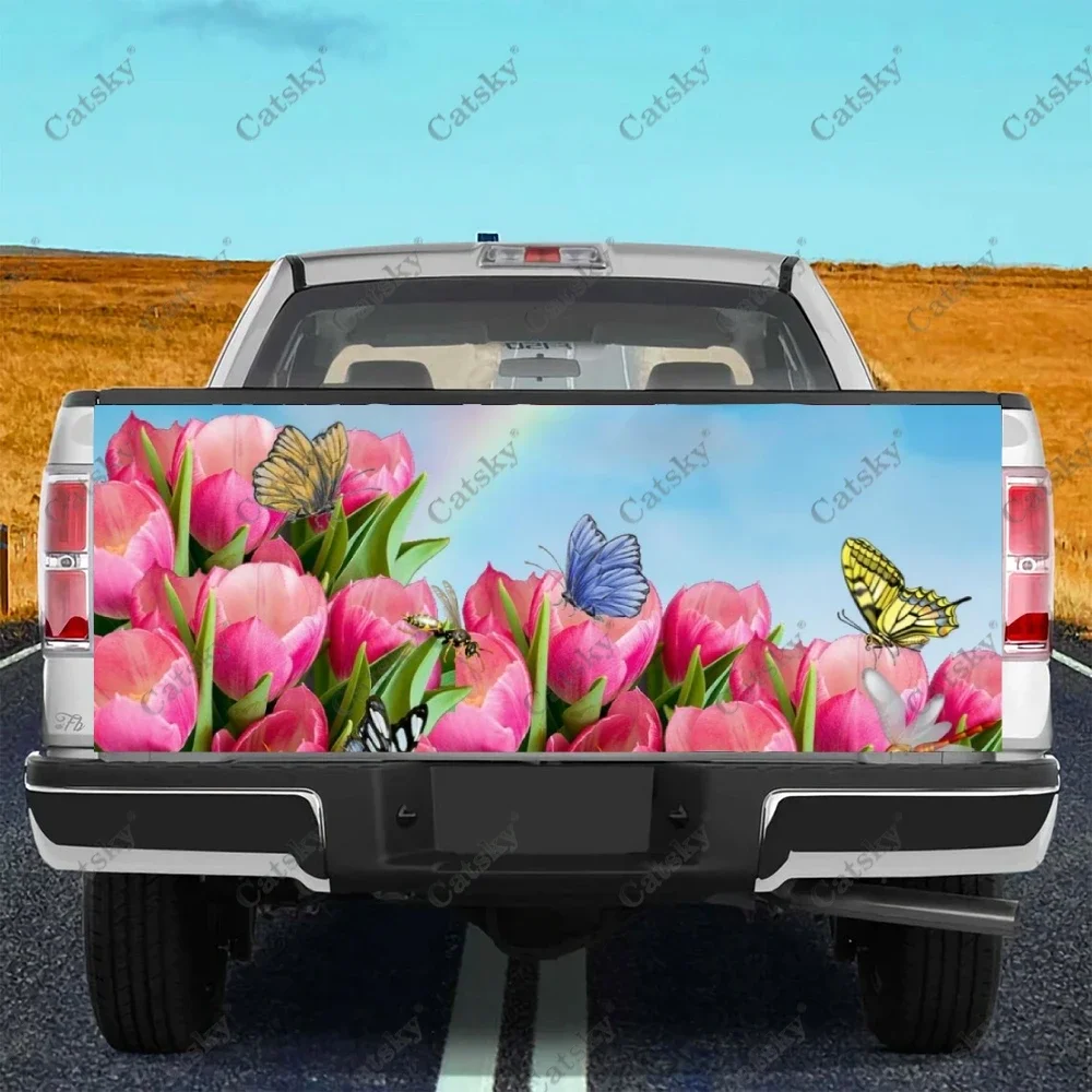 Pink Tulips Butterfly Universal Car Tail Trunk Protect Sticker Decal Car Body Hood Automobile Decoration for SUV Off-roadPickup