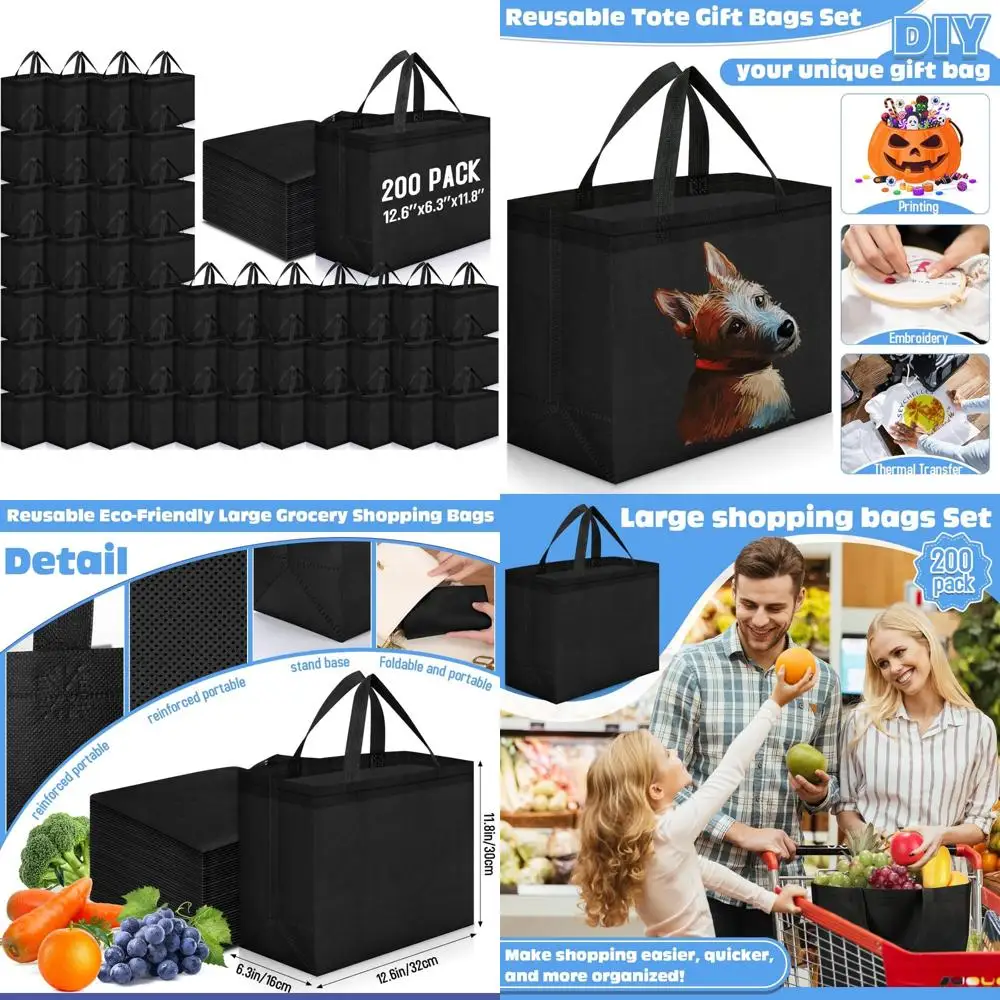 

Большие складные нетканые сумки для покупок, многоразовые сумки для продуктов с ручками, оптовая упаковка, 12,6 x 11,8 x 6,3 дюйма, портативные и эко-сумки