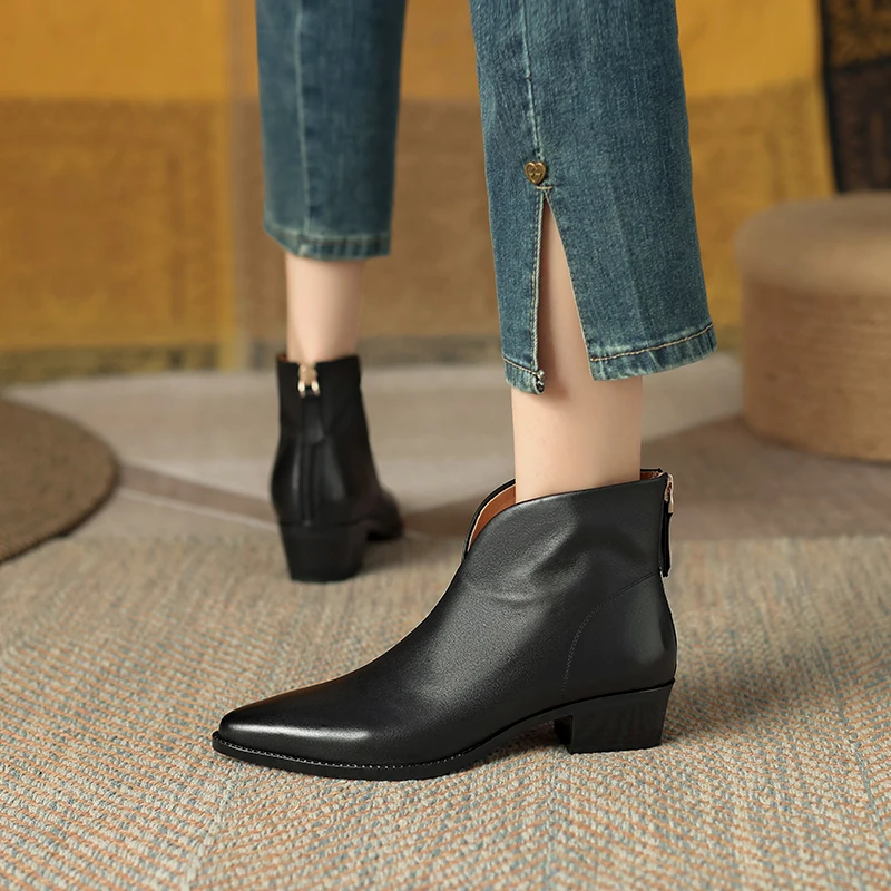 2024 Winter Genuine Leather Women Boots Casual Short Boots for Women Fashion Boots Chunky Heels Ladies Shoes Concise Ankle Boot