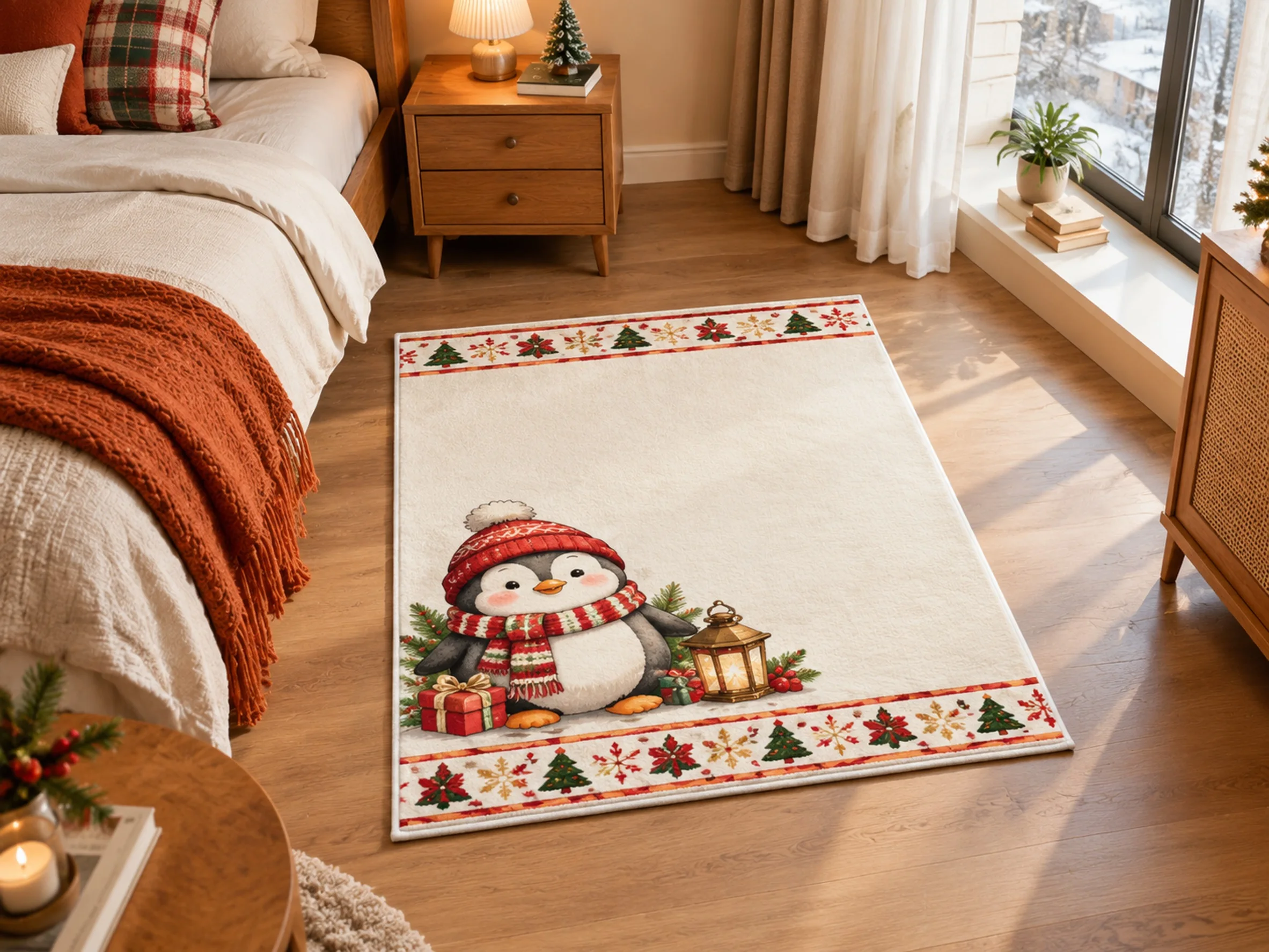 VIKAMA Christmas Amber Brown Penguin Flannel Door Mat, Anti-Slip Washable Xmas Rug, Xmas Decor for Bedroom, Nursery, Kids Room